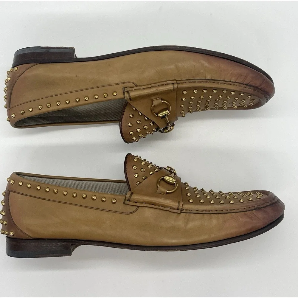 Gucci Mens Shoes Brown Leather Horsebit Loafers Studded Designer Us 12 Preppy